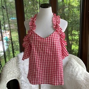 DO + BE red checkered cold shoulder top